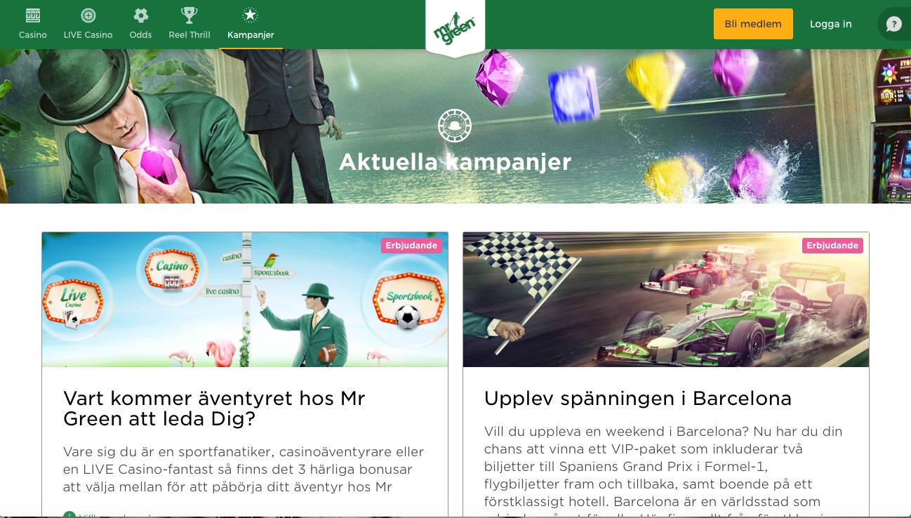 20 freespins hos Mr Green vid registrering