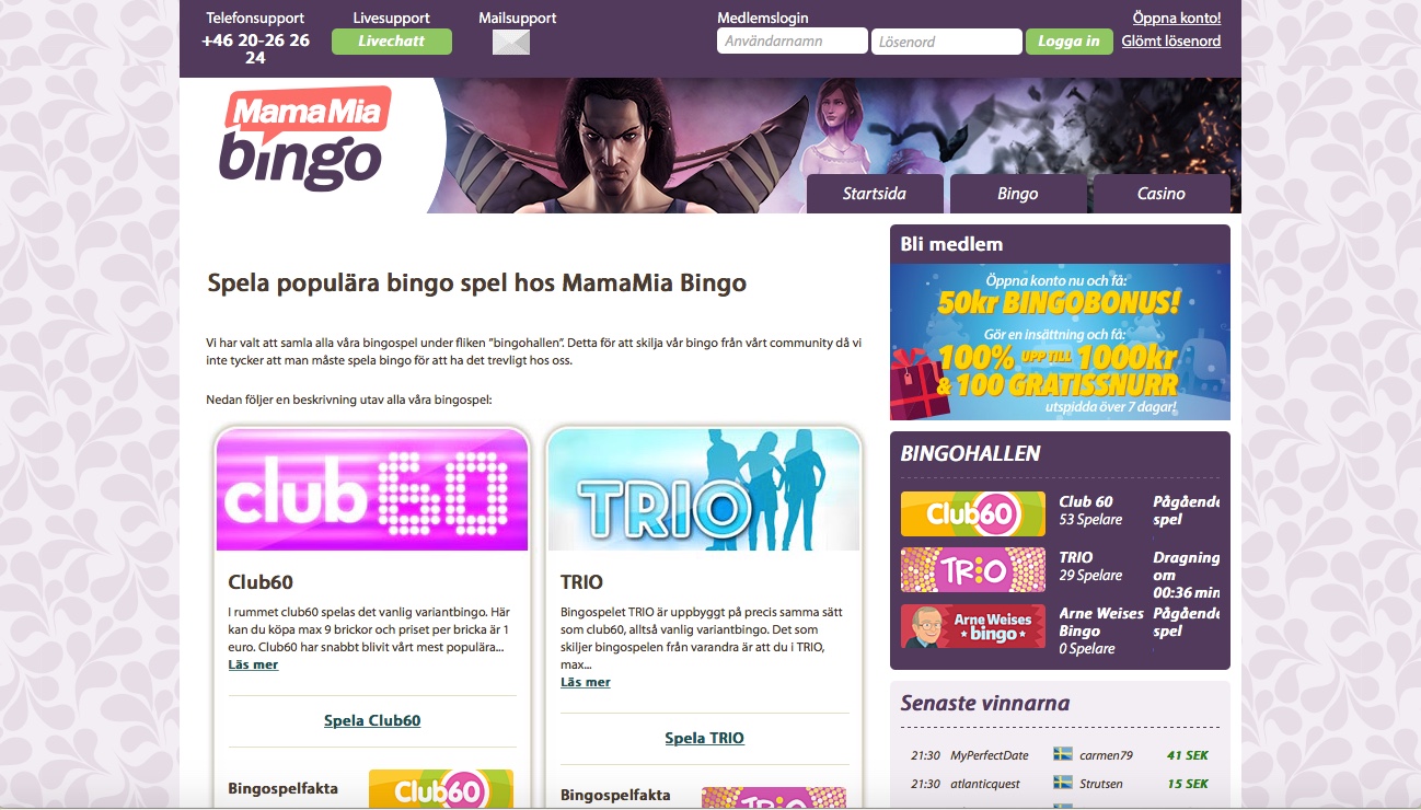 MamaMiaBingo- få 50kr gratis att spela Bingo för 
